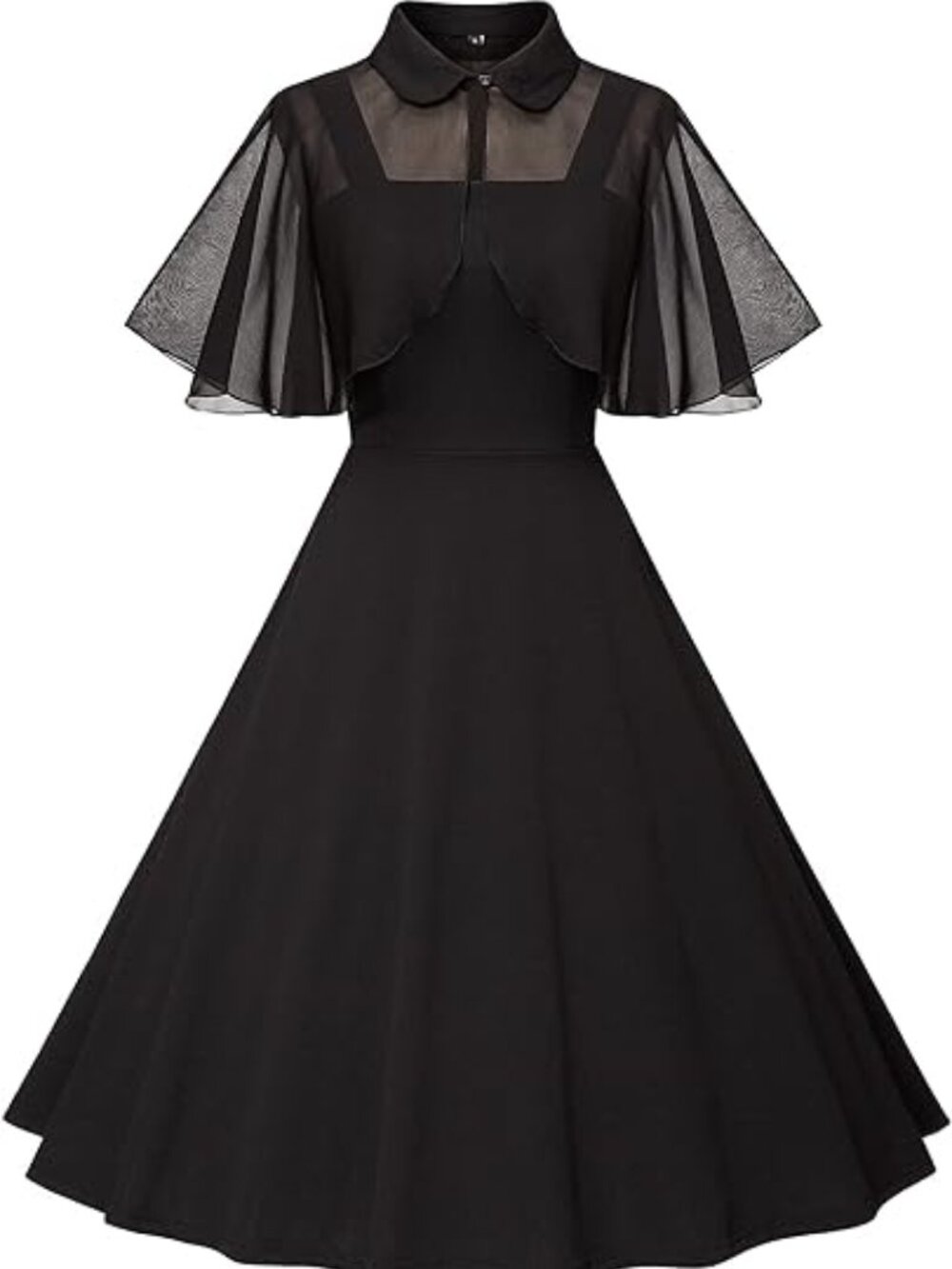 Women Vintage Goth Swing Cocktail Dress with Pockets and Chiffon Shawl